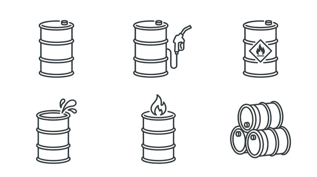 Set of Oil Barrel Icons: Fuel, Fire, Spill, and Stacked Barrels