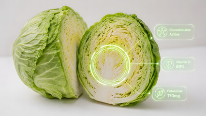 Fototapeta premium A green cabbage cut in half to reveal its cross-section structure, overlaid with a glowing green digital hologram displaying data for glucosinolates, vitamin C, and potassium.