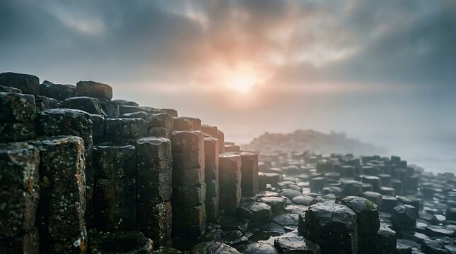 Sunset over Giant's Causeway basalt columns