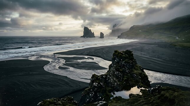 Misty Coastal Rocks with Silhouetted Figures at Sunrise Dramatic Seascape