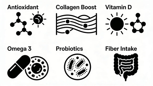 Nutrients exclusive molecular style minimalist icons are arranged in an orderly manner, representing antioxidant protection, collagen supplementation, and dietary nutrition supplementation.
