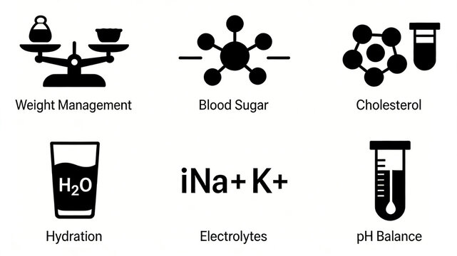 Precision scale icons are arranged to identify various biochemical indicators, representing concepts of body control, glucose and lipid regulation, and fluid homeostasis regulation.
