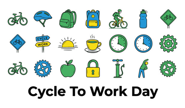 Cycle To Work Day Hand Drawn Icon Collection, Cycling and Commuting Elements Illustration