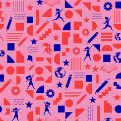 Fototapeta premium Vibrant seamless pattern featuring silhouettes of energetic young girls surrounded by geometric shapes and school supplies in a playful educational design theme with displays seamless repeat