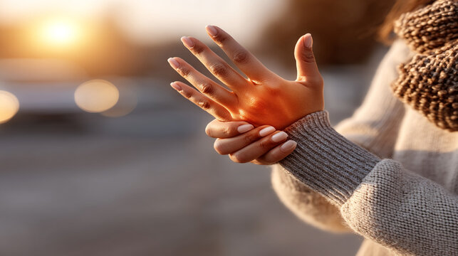 Woman suffering from cold hand pain outdoors in winter sunshine with frostbite