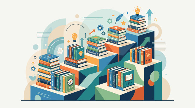 Stacks of books on raised platforms learning resources concept for education publishing library catalog academic study classroom materials online courses literacy program design visual