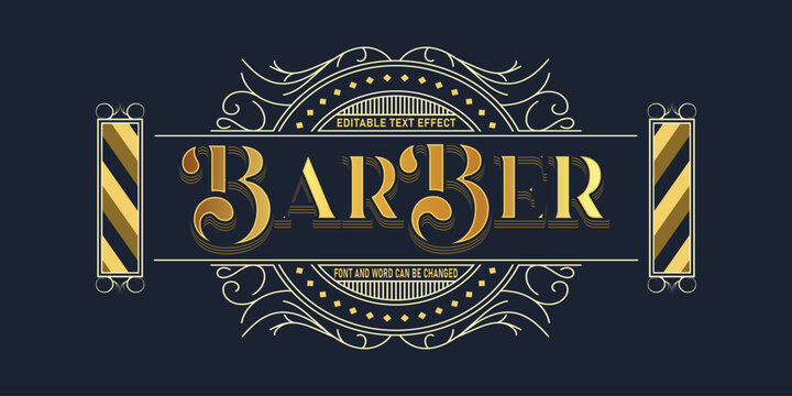 Golden barber text effect with retro barbershop logo frame vector illustration
