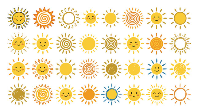 Sun doodle set with varied hand drawn styles cheerful weather symbols for summer crafts classroom worksheets planner stickers greeting cards seasonal kids design playful graphic layout