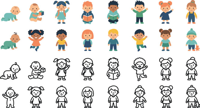 Cute baby and kids cartoon characters collection with toddlers children outline icons and colorful vector illustration set