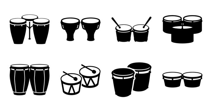 Black and white illustration of various percussion instruments - A clean and stylish black and white vector illustration showing different types of drums and percussion instruments arranged neatly.