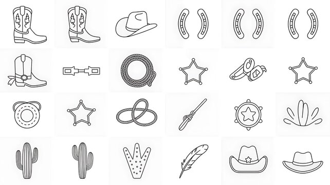 Collection of western and cowboy style icons and symbols