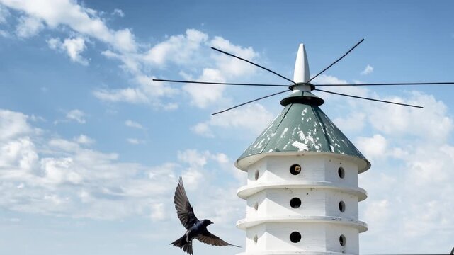 Purple Martins tend and feed hungry fledglings