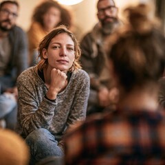 Fototapeta premium A thoughtful woman engages in a discussion with a group, showcasing an atmosphere of connection and attentiveness.