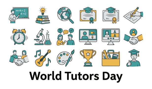 World Tutors Day Concept with Modern Education and Learning Icons Set. Online Tutoring Illustration.