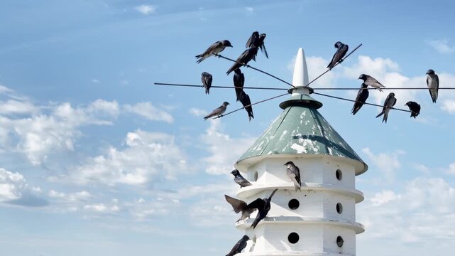 Female Purple Martin fights and chases away an unpaired subadult male