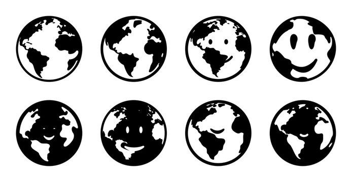 Set of eight globe icons with different faces - Eight stylish black and white globe icons each showing a unique facial expression, perfect for maps, travel, or emotional themes.