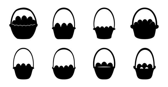 Black and white baskets with apples icon set - Minimalist icon set of black baskets filled with apples arranged in a grid pattern, ideal for food, shopping, or design projects.
