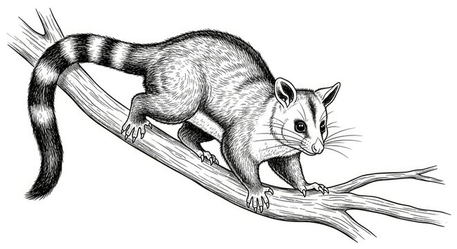 Common brushtail possum climbing tree branch engraving.
