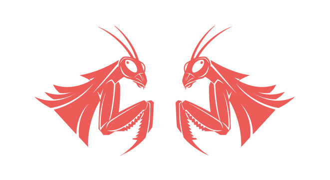 Symmetrical Red Praying Mantis Illustration Pair.