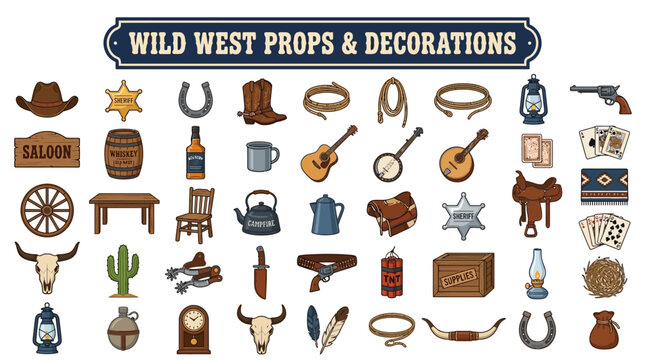 Wild West Props and Decorations: Vector collection of classic frontier items, cowboy gear, and rustic elements.