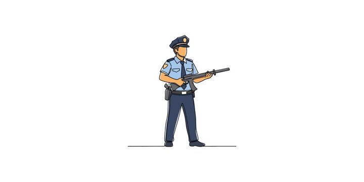 Police officer standing holding a rifle in a tactical pose.