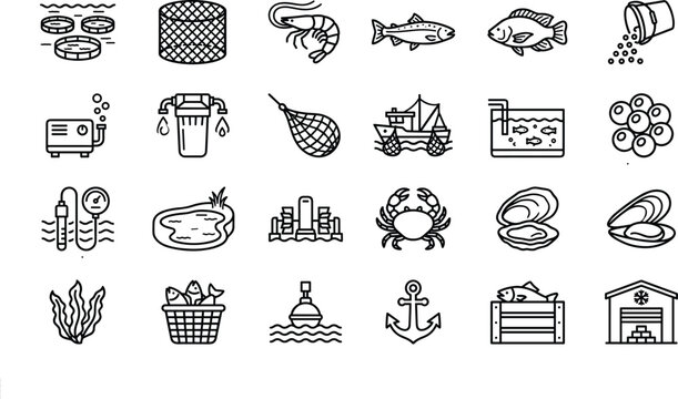  Aquaculture line icon set vector fish farming commercial seafood industry elements for marine agriculture app UI