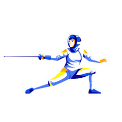 Fototapeta premium Fencer in action, poised with foil, white background, athletic stance