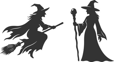 Black silhouette of two witches one flying on broomstick and other holding magic staff on white background © sefatahmed