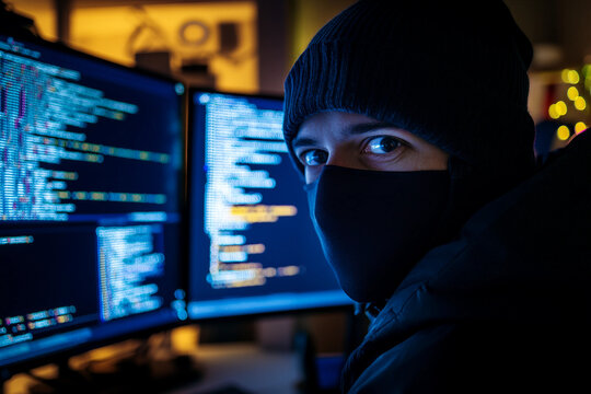 Hacker Man in Dark Room with Digital Screens and Codes Neon Cybersecurity Concept with Hood and Data Flow Generative AI
