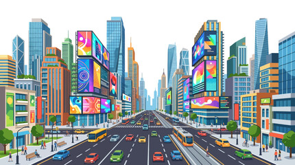 Fototapeta premium Vibrant city street with modern skyscrapers and digital billboards, cars, buses, tram
