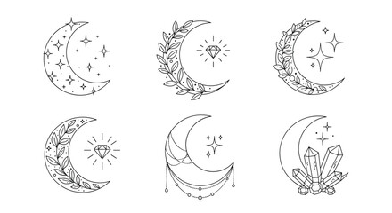 Fototapeta premium Collection of six decorative crescent moon icons featuring celestial and nature elements like stars, leaves, and crystals.