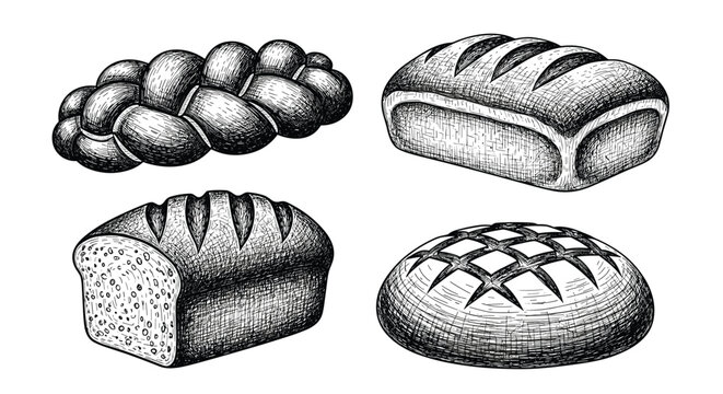 Set of four different bread types including braided loaf and round boule illustrated in a detailed black and white sketch style.