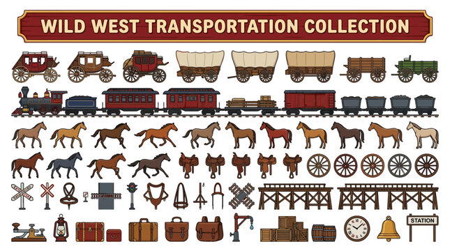 Historical Wild West Transportation Collection Illustration Set with Carriages, Trains, Horses, Wagons, and Frontier Elements