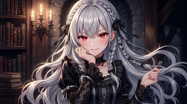 Gothic anime girl in dark library interior