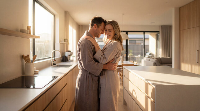 Happy couple in soft bathrobes embracing in bright kitchen during peaceful morning at home for relationship romance wellness hospitality domestic lifestyle warm daily connection concept