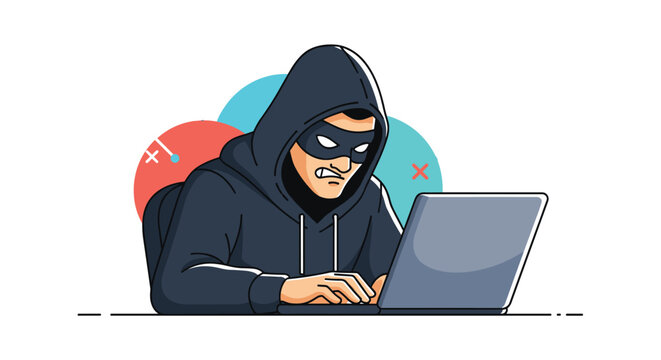 Cyber criminal wearing a black hoodie and mask works intensely on a laptop computer with abstract colorful circles.