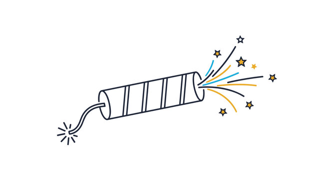 Festive firecracker illustration with a lit fuse releasing colorful sparks and golden stars against a simple white background.