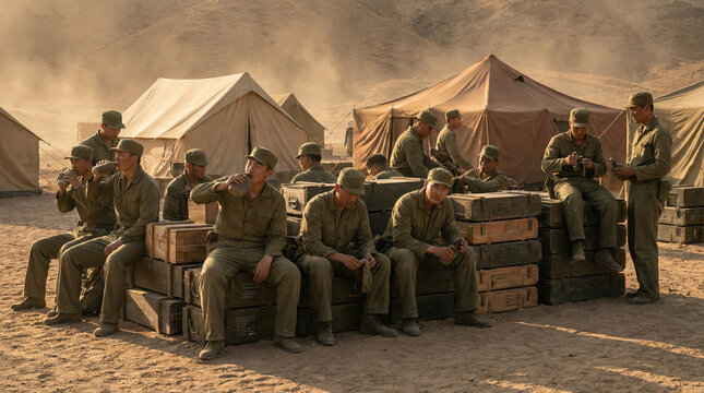 Uniformed soldiers resting among canvas tents with equipment crates in desert camp during dusty sunset for military logistics history teamwork survival field operation concept wartime scene