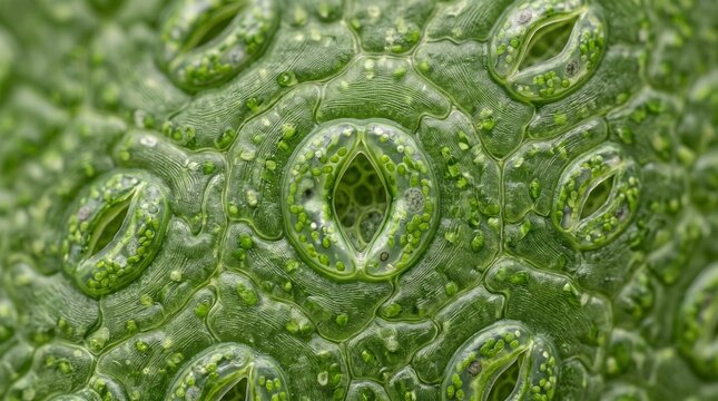 Microscopic View of Plant Stomata on a Green Leaf Surface Showing Natural Gas Exchange Pores in High Detail