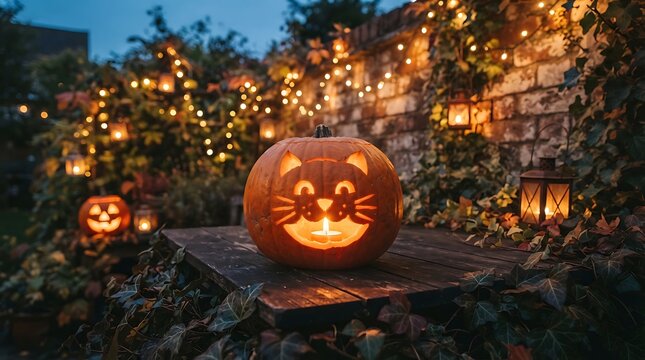Jackolantern carved like a cat on a wooden table at night