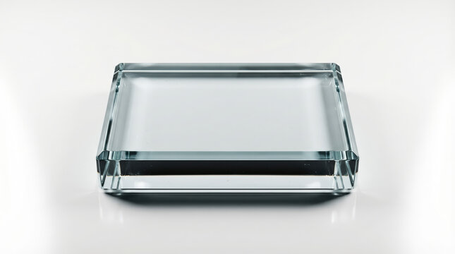Transparent rectangular glass block on white reflective surface with bevelled edges for clean product display luxury podium packaging minimal design studio presentation concept mockup base