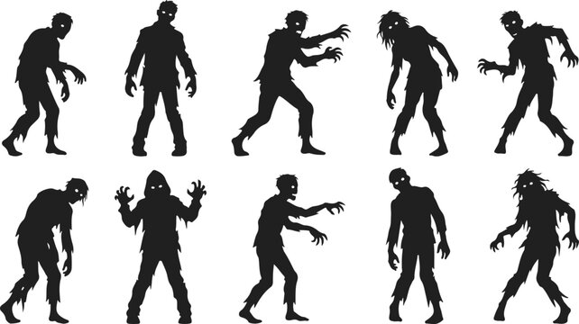 Set of zombie silhouettes, walking dead characters in various poses isolated on white background