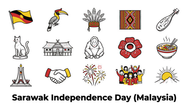 Sarawak Independence Day (Malaysia) Colorful Vector Icon Set Collection with Cultural Symbols