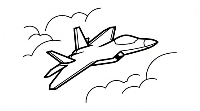 A simple black and white line art illustration of a modern military stealth fighter jet soaring through the sky surrounded by cartoon clouds, designed as a clean coloring page for children.