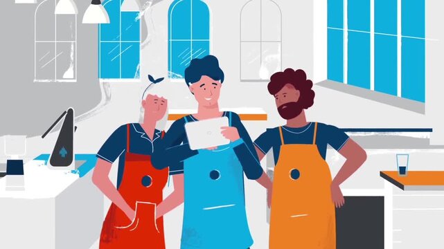 Professional Kitchen Chefs Team Discussing Recipe Menu. Restaurant Staff Workers Cook Uniforms 2D Character Animation.