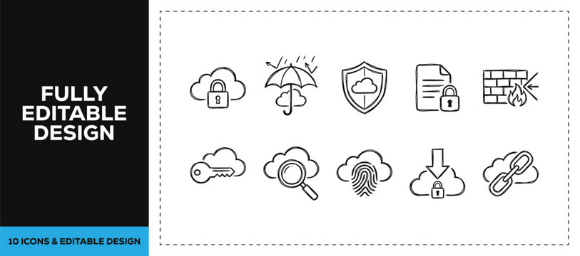 Black ink scribble cybersecurity and data safe icon set bundle featuring hand drawn doodle sketch vector illustrations for it encryption and web privacy protection design art.