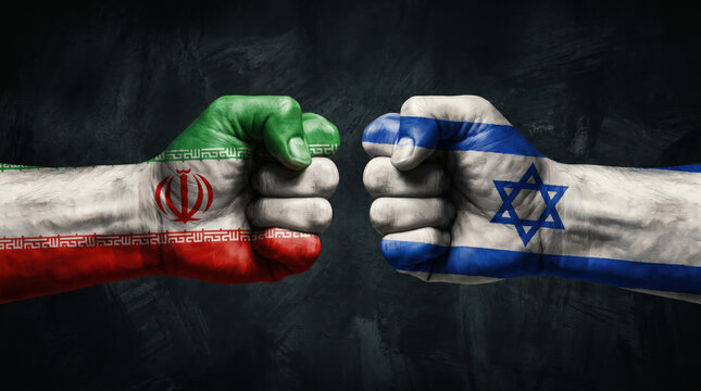 Clenched fists painted with Iran Israel flags facing each other on dark background for geopolitical conflict tension diplomacy crisis analysis news concept international relations symbol