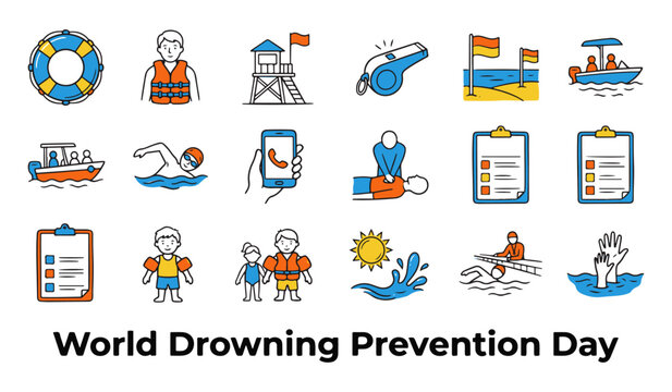 World Drowning Prevention Day Vector Icons Set. Water Safety Symbols Collection.
