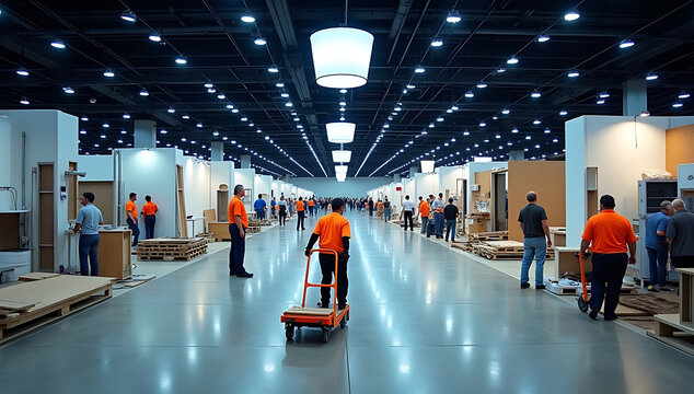 Workers assembling large trade show booths in a vast bright exhibition hall