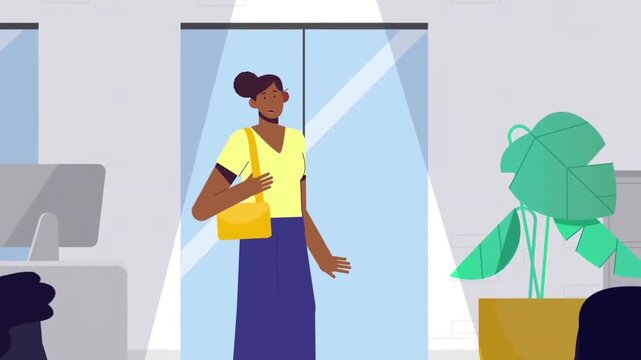 Elegant Businesswoman Character Walking into Modern Elevator Lift. Corporate Office Building Hallway 2D Animation.
